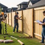 Professional contractors measuring and installing a 100-foot privacy fence as a homeowner stands nearby holding a clipboard with pricing details.