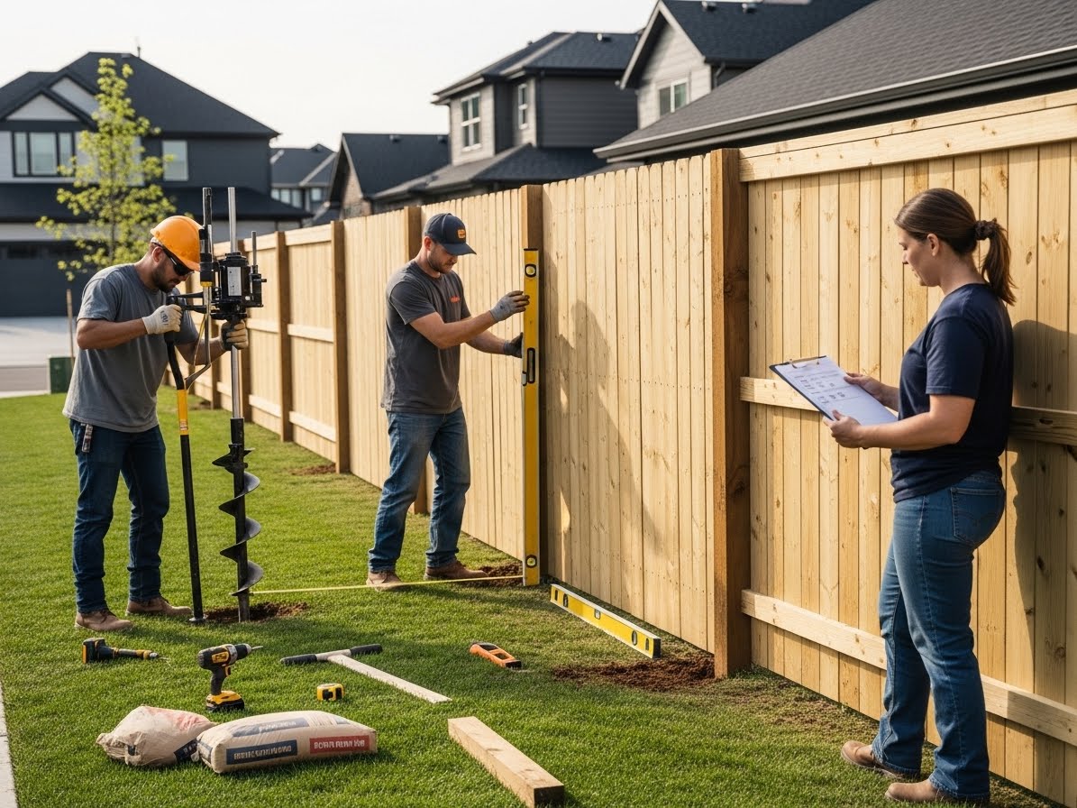 Professional contractors measuring and installing a 100-foot privacy fence as a homeowner stands nearby holding a clipboard with pricing details.