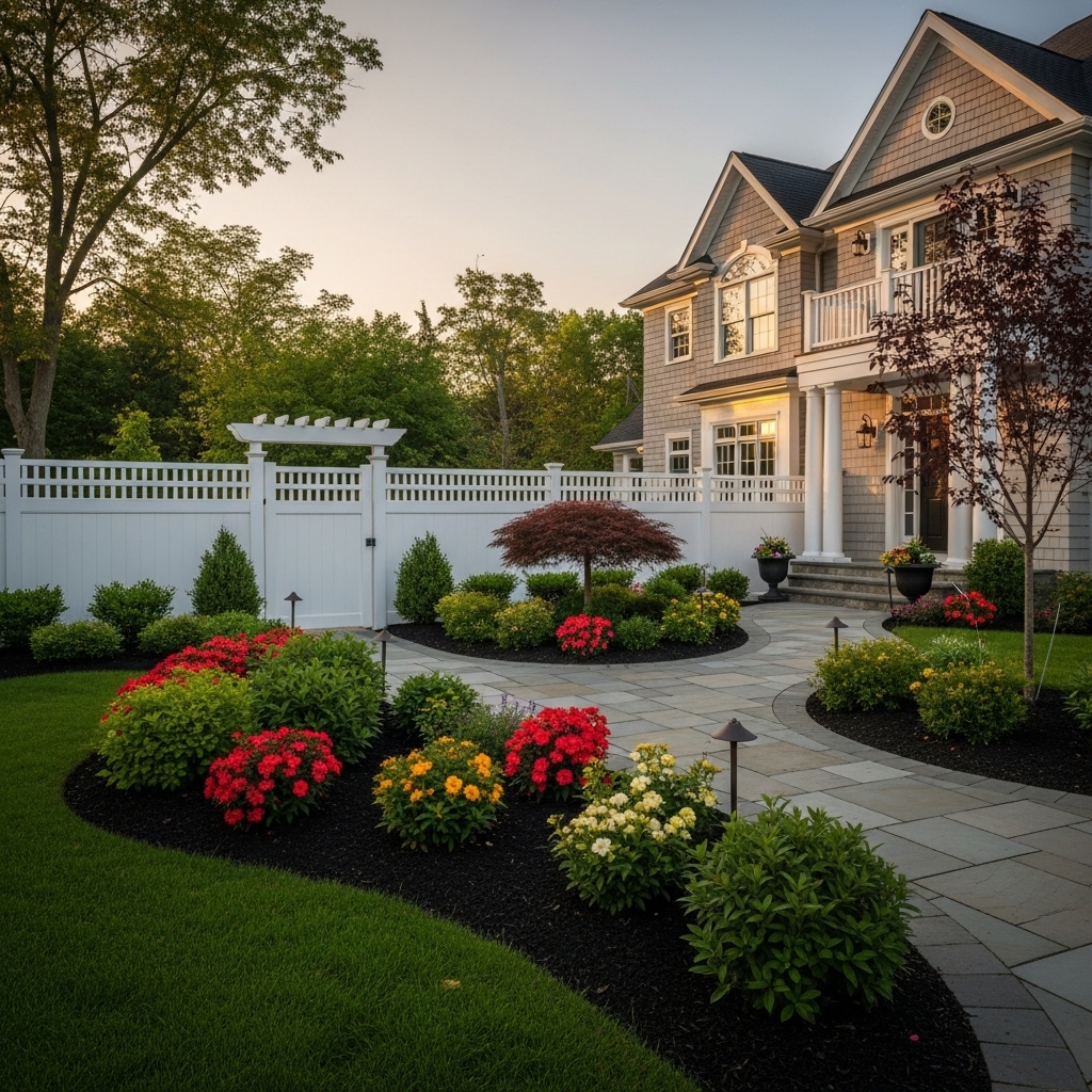 Elegant white vinyl fence enclosing a luxury home garden with green lawn and stone walkway