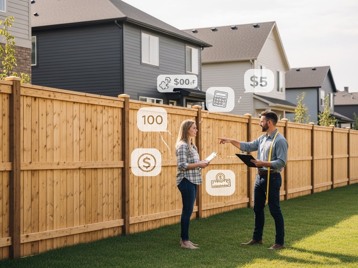 Homeowner and contractor discussing the cost of installing a 100 foot wooden fence in a suburban backyard.