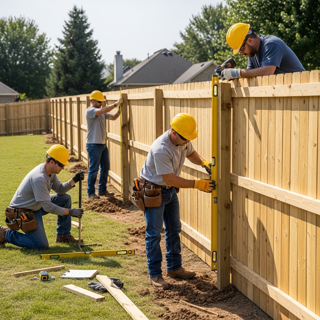 “Workers installing a 100-foot wooden fence in a residential yard, illustrating labor costs for fence installation.