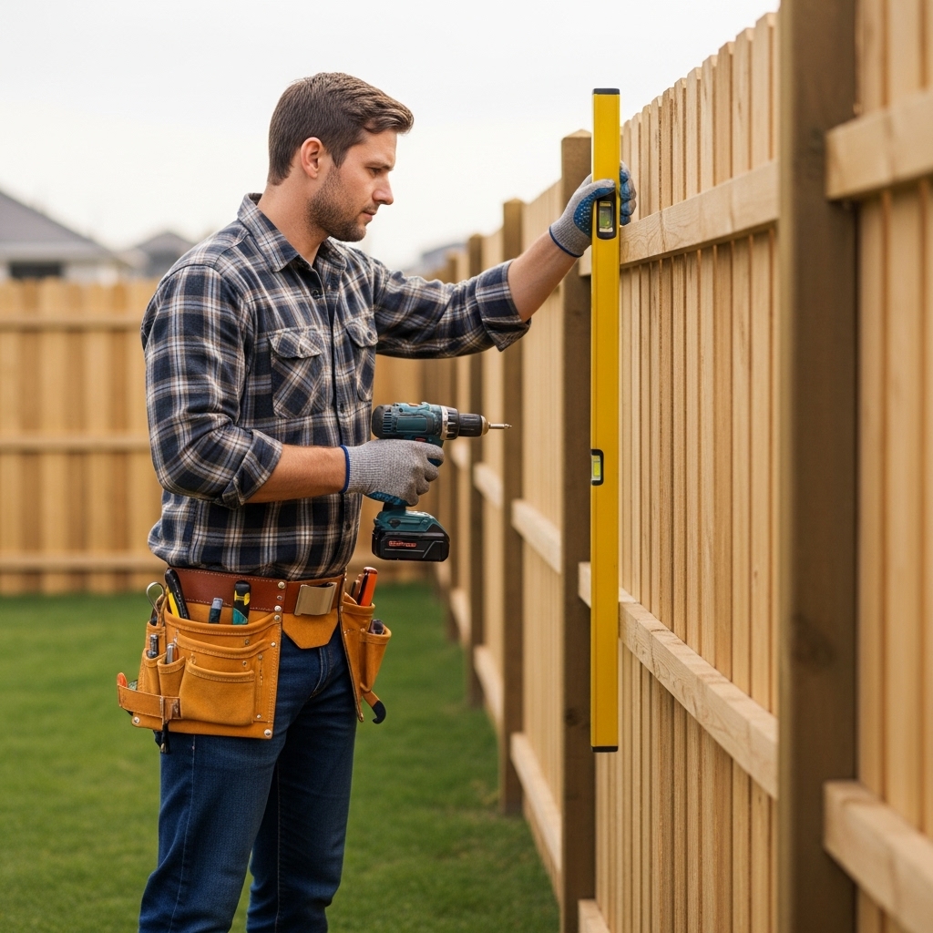 Handyman installing a wooden fence in a residential backyard using professional tools