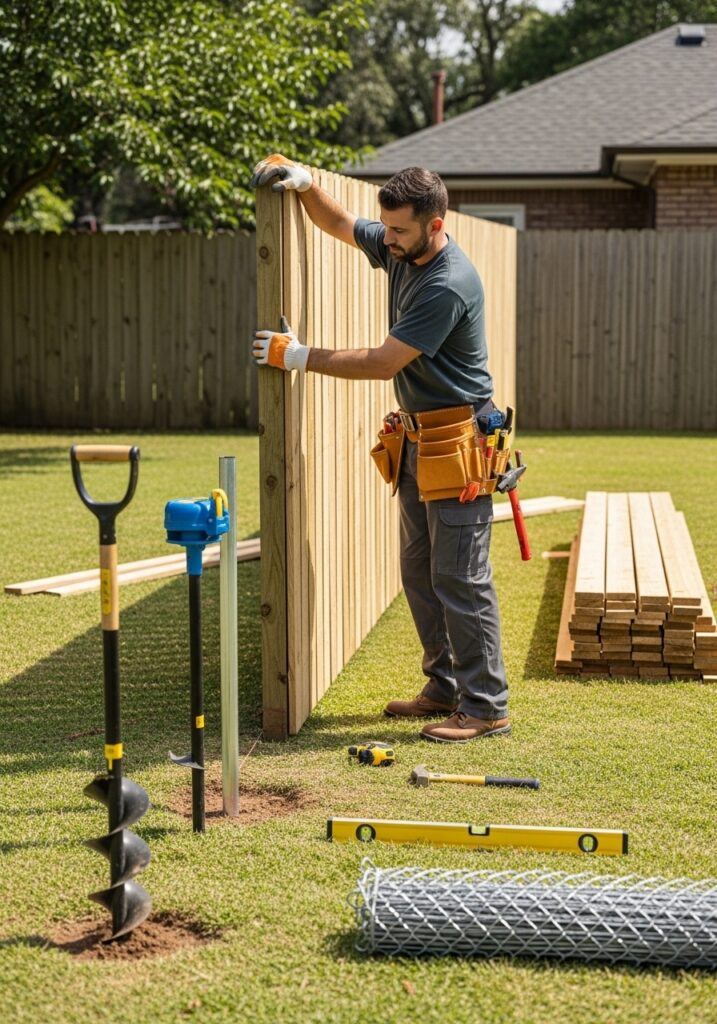 Handyman installing a short section of wooden fence in a residential backyard using basic tools, showing a simple, budget-friendly fence project without heavy equipment.