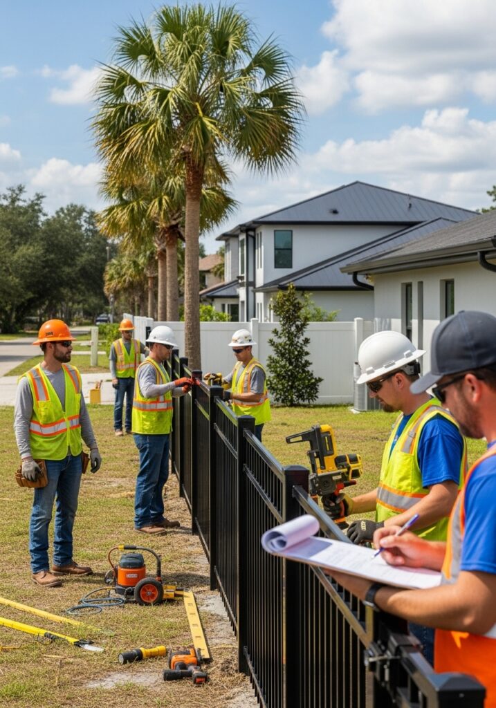 Fence contractors installing a residential fence in Jacksonville, Florida.