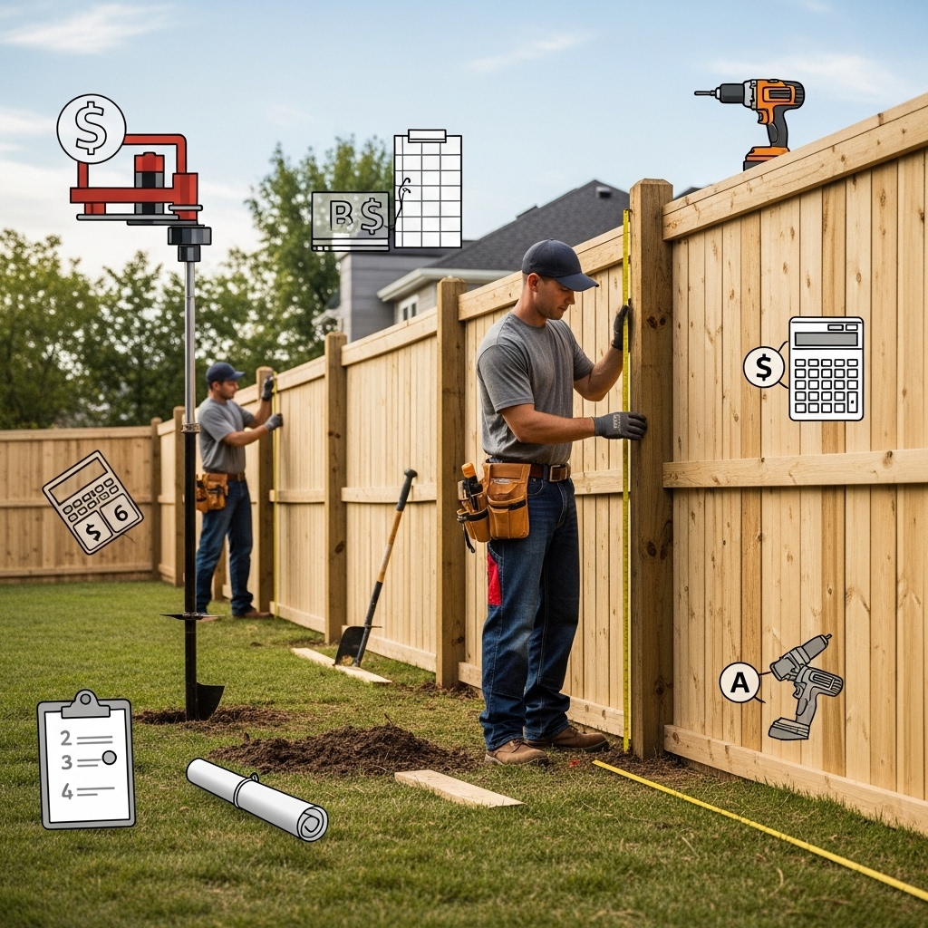Fence installers working in a backyard, measuring and installing a wooden fence to represent average labor costs for fence installation.