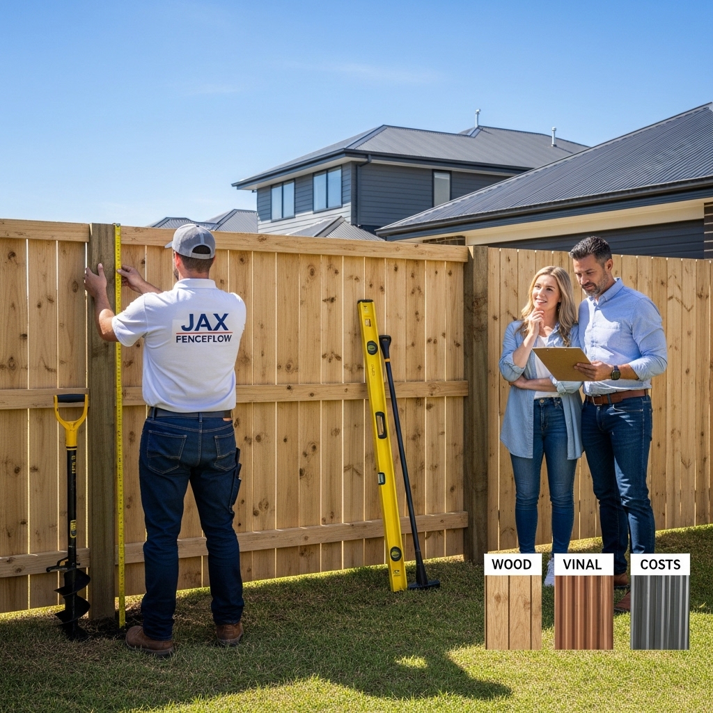 Professional fence installer from Jax FenceFlow measuring and installing a backyard fence while homeowners review project costs.