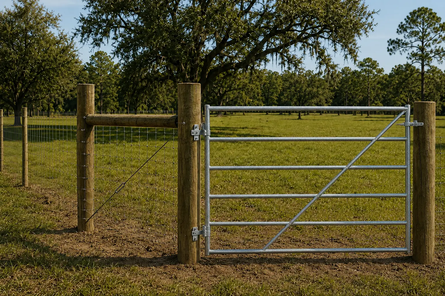 Wire farm fence with braced corner posts and a field gate