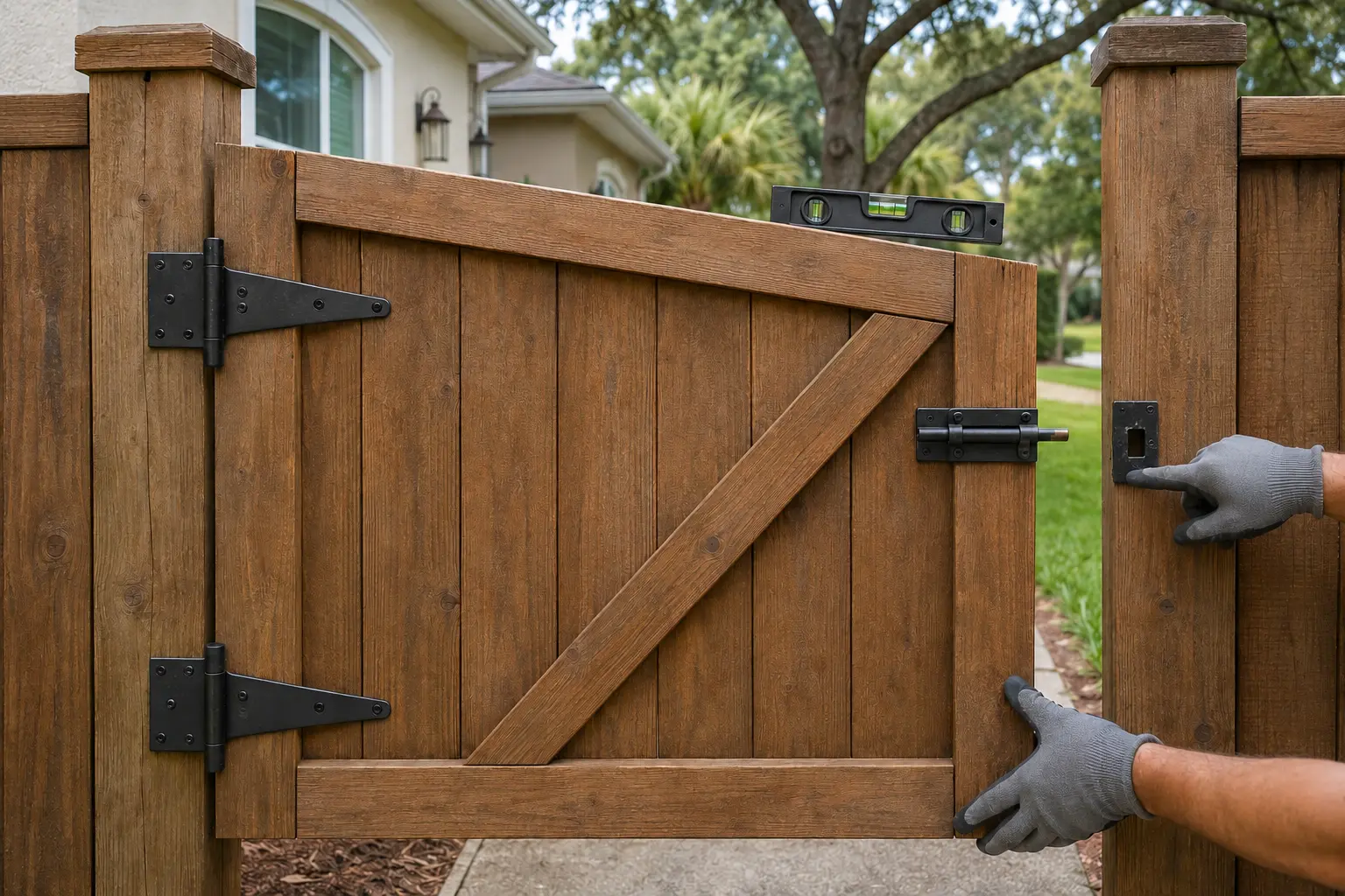 Inspection of fence gate hinges and latch alignment