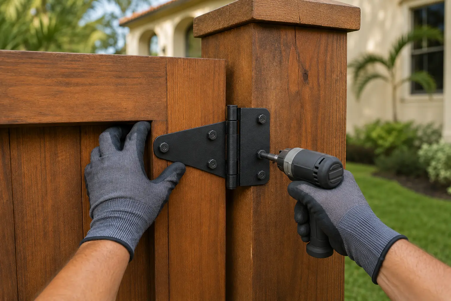 Close-up of a wood fence gate hinge being adjusted