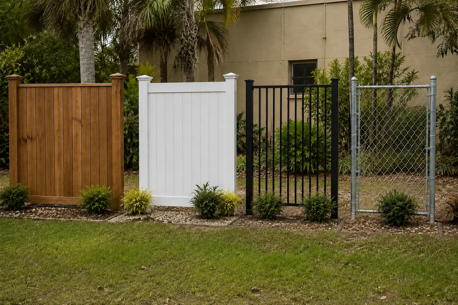Wood, vinyl, aluminum and chain-link fence sample sections