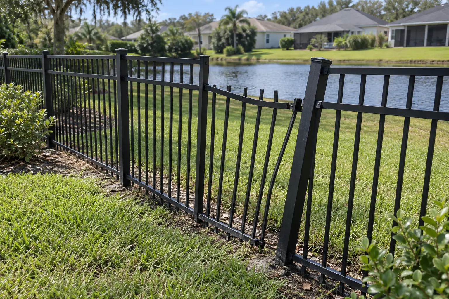 Bent aluminum fence panel and leaning post needing repair in Jacksonville Florida