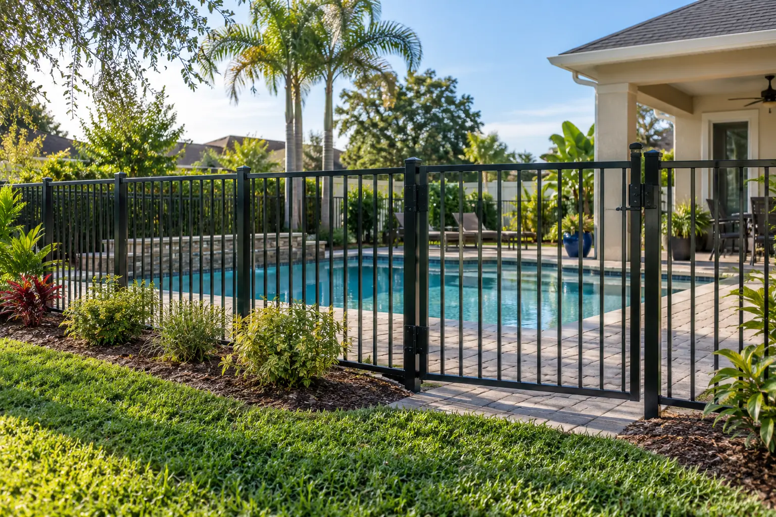 Black aluminum pool fence and gate at a Jacksonville Florida home