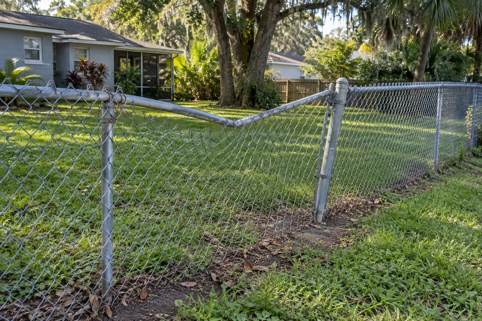 Sagging chain-link fence and bent top rail needing repair in Jacksonville Florida