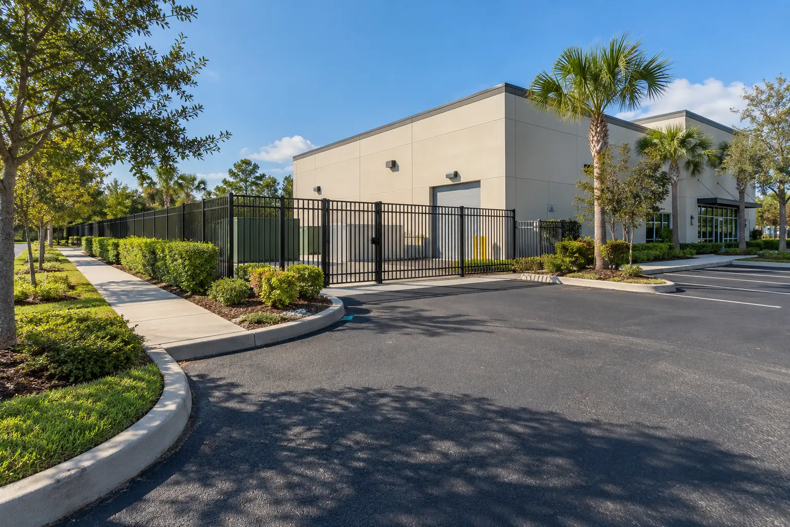 Commercial fence line beside parking and service areas in Jacksonville Florida
