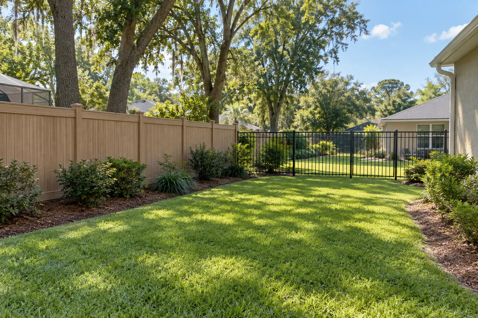 Custom fence layout combining privacy and open-view sections in Jacksonville Florida