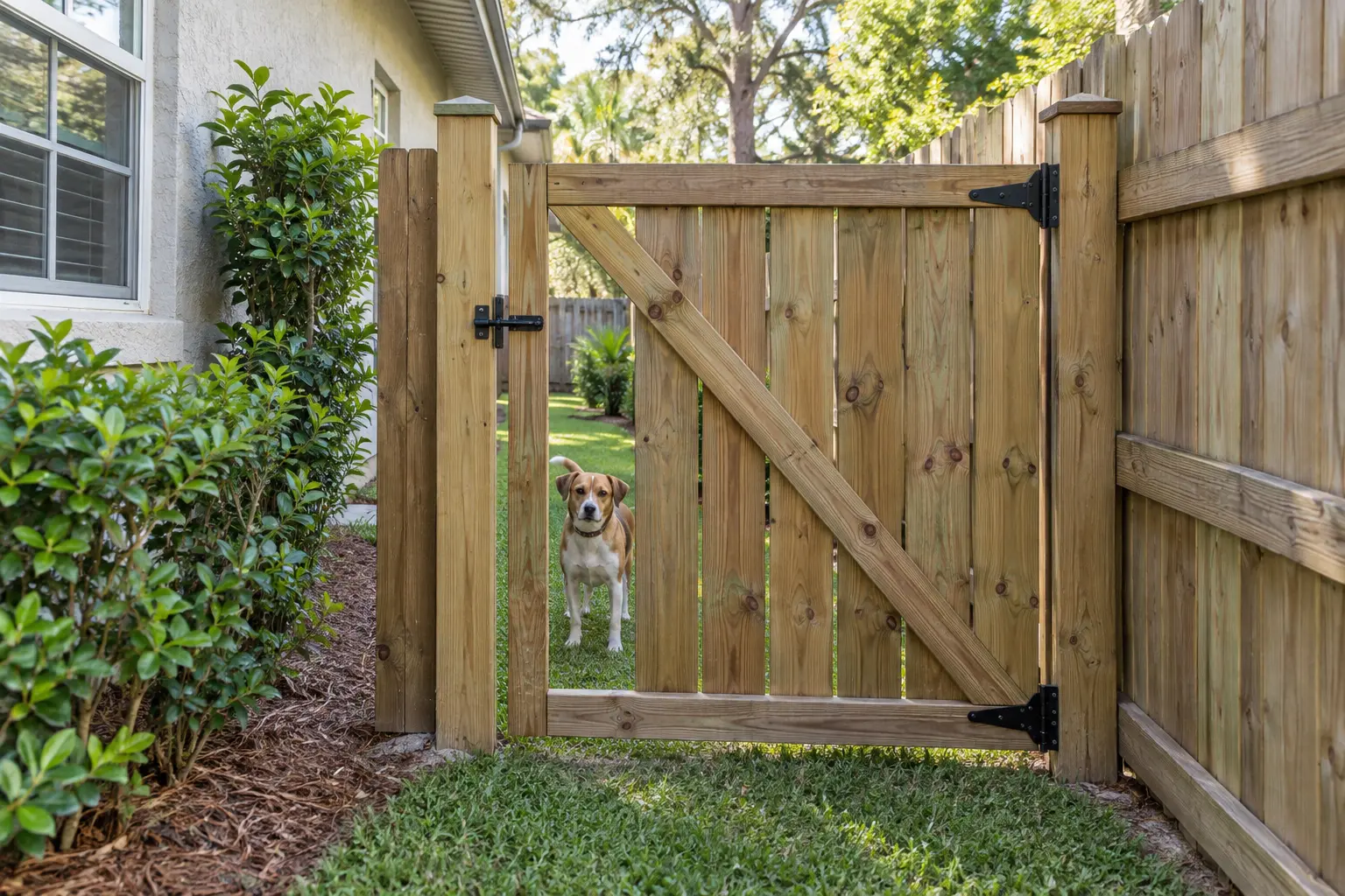 Pet containment gate in a Jacksonville Florida backyard