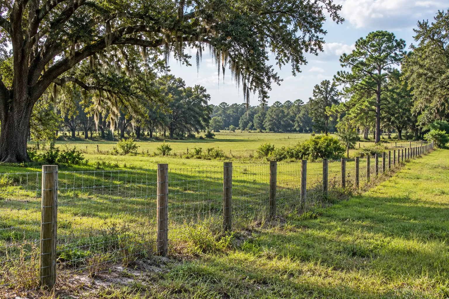 Wire farm fence following uneven acreage in Jacksonville Florida