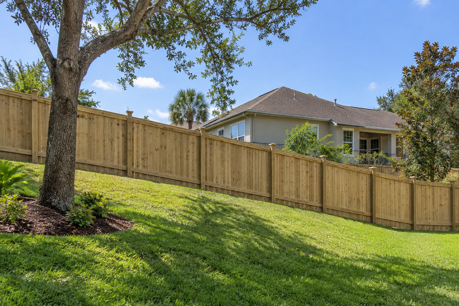 Fence installation along a sloped Jacksonville Florida yard