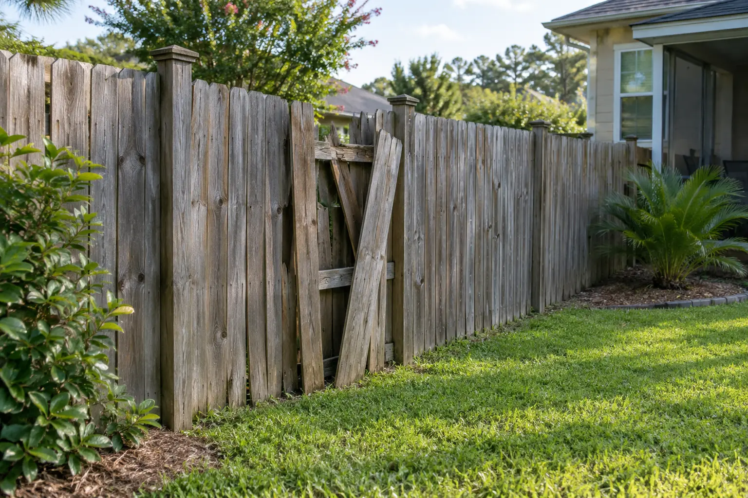 Damaged fence panel and broken rail needing repair in Jacksonville Florida