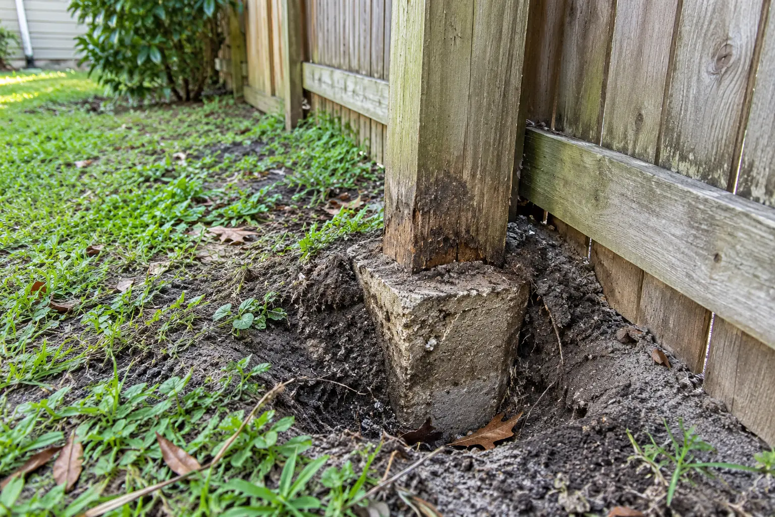 Fence post and concrete footing exposed during removal
