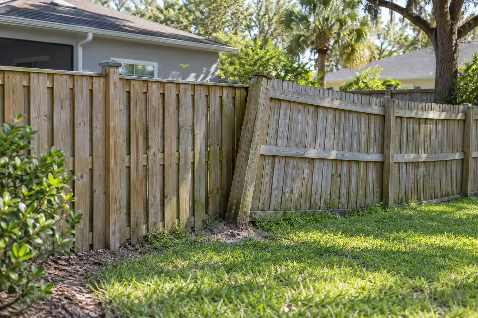 Leaning fence post and misaligned fence section in Jacksonville Florida