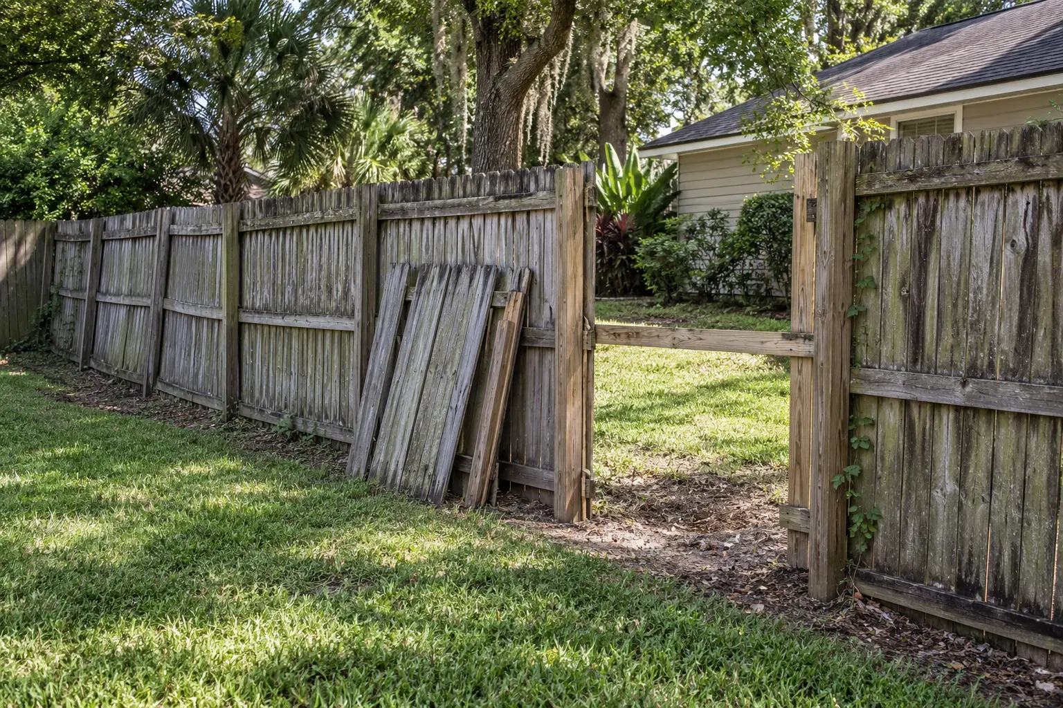Old wood fence sections prepared for removal in Jacksonville Florida