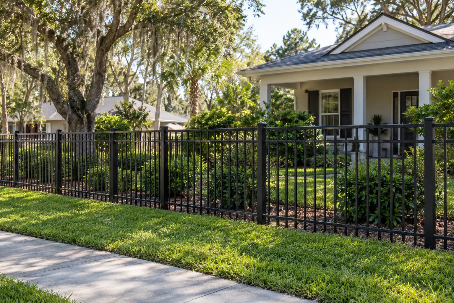 Black ornamental aluminum fence around a Jacksonville property