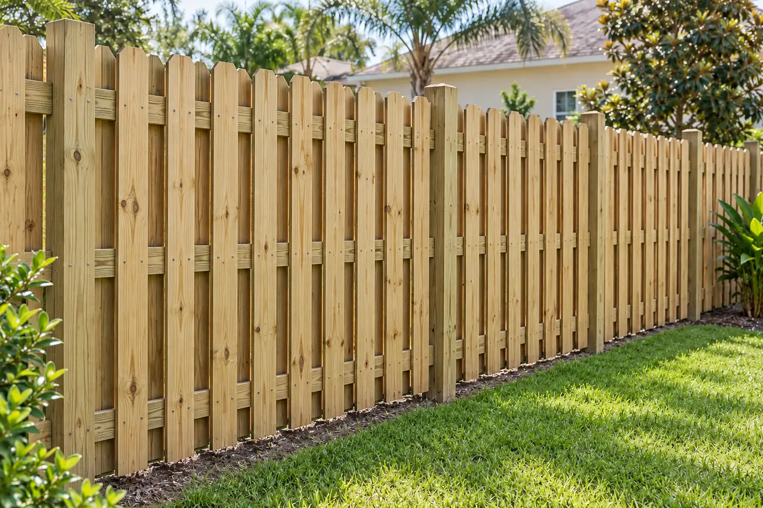 Shadowbox wood fence with alternating pickets at a Jacksonville property