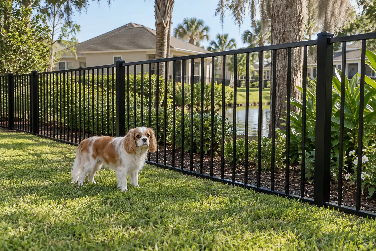 Small dog beside closely spaced residential fencing in Jacksonville Florida