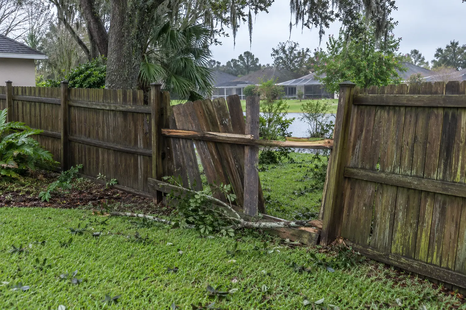 Storm-damaged fence section with fallen boards in Jacksonville Florida