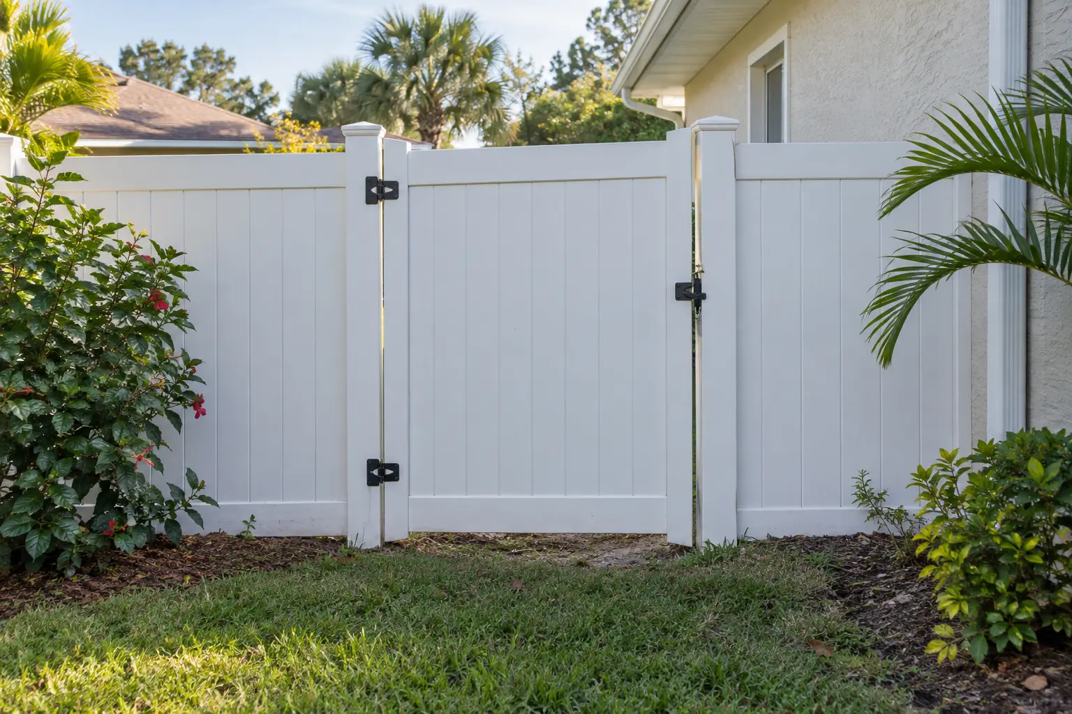 Vinyl fence gate and adjoining panels at a Jacksonville residential property