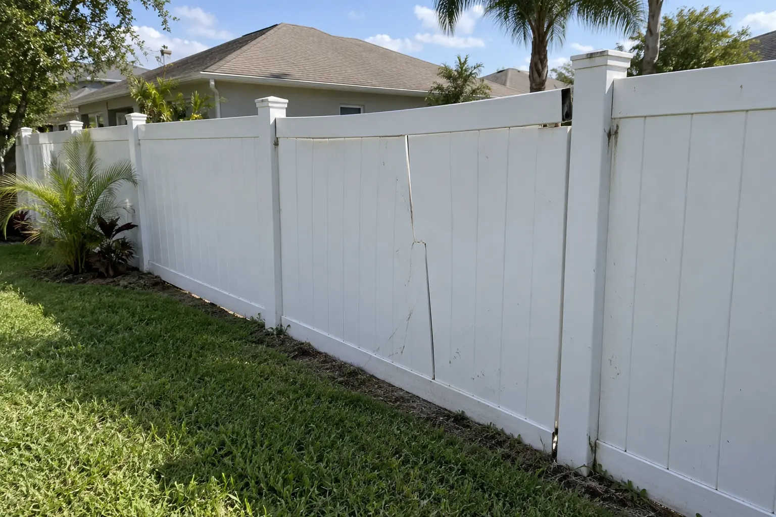 Damaged vinyl fence panel and rail needing repair in Jacksonville Florida