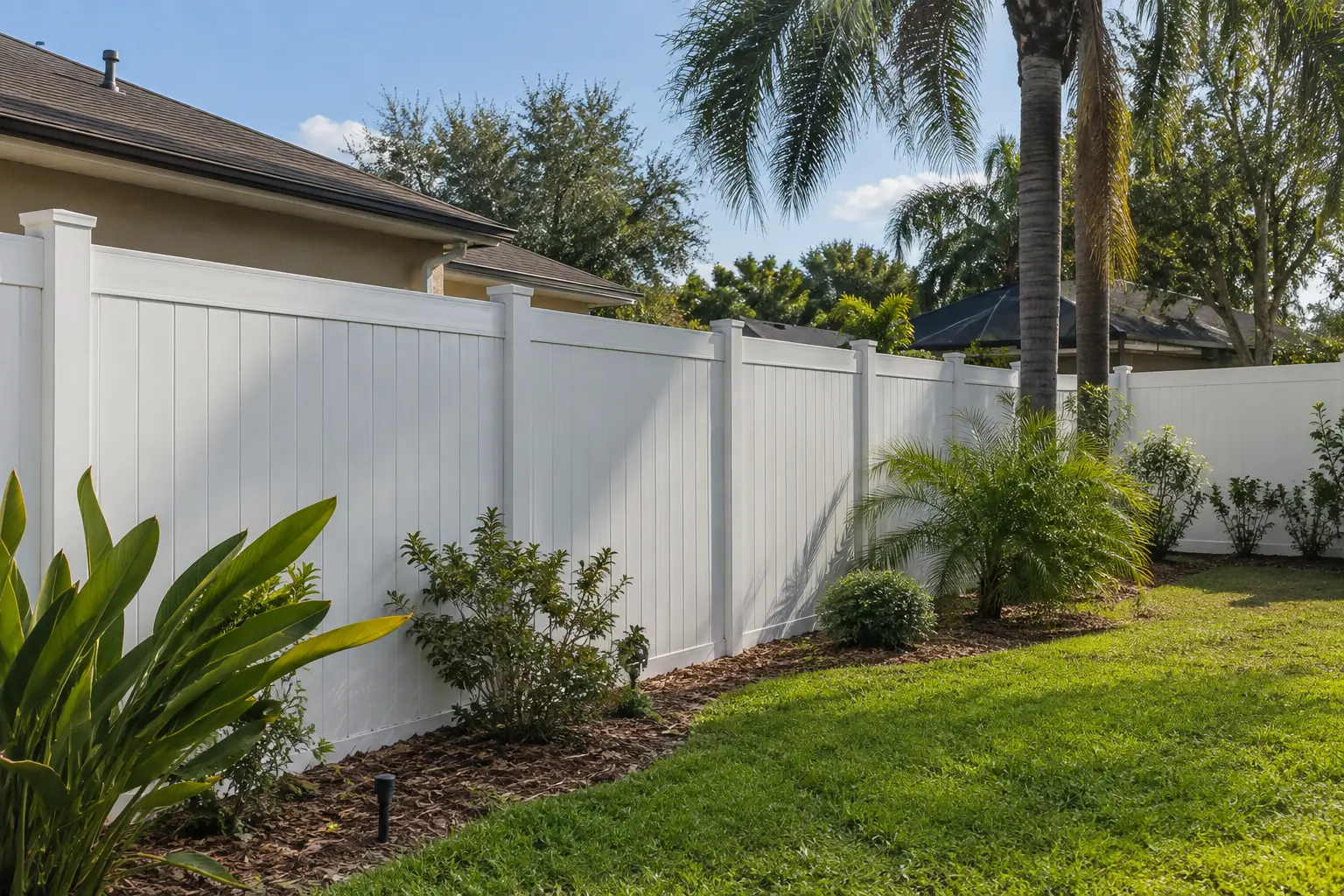 White vinyl privacy fencing around a Jacksonville residential backyard