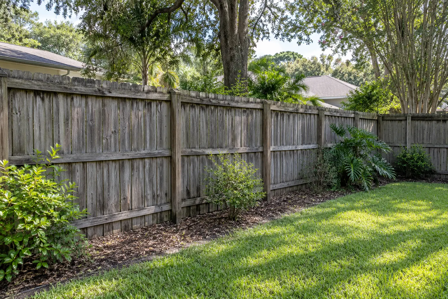 Weathered gray wood fence before refinishing in Jacksonville Florida