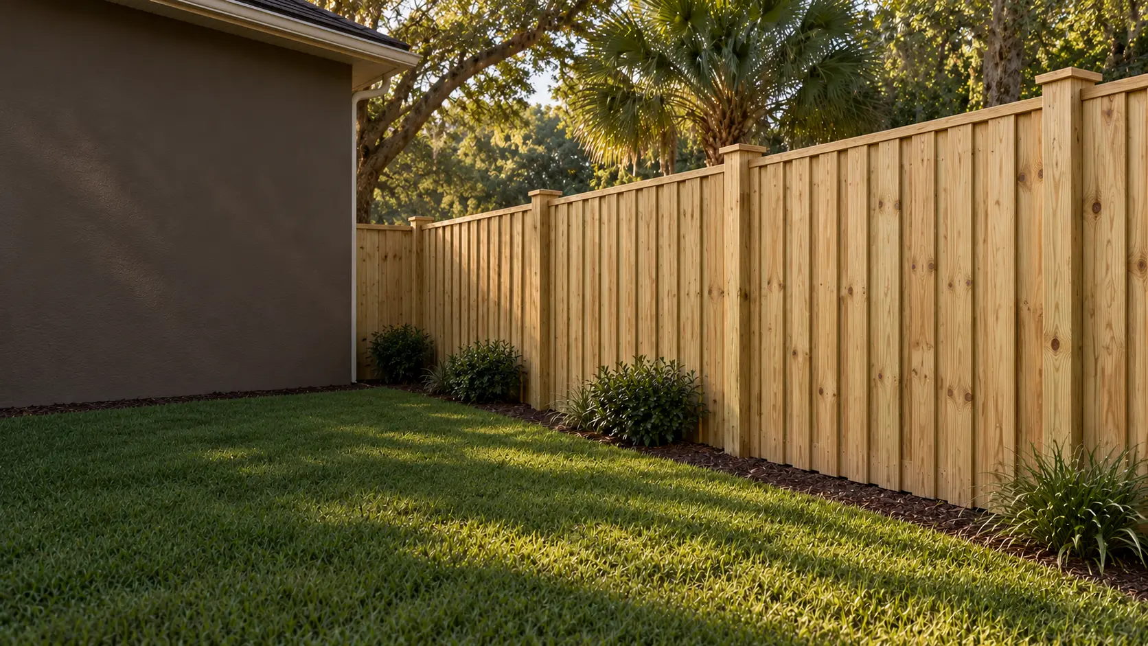 New board-on-board wood privacy fence at a Jacksonville home