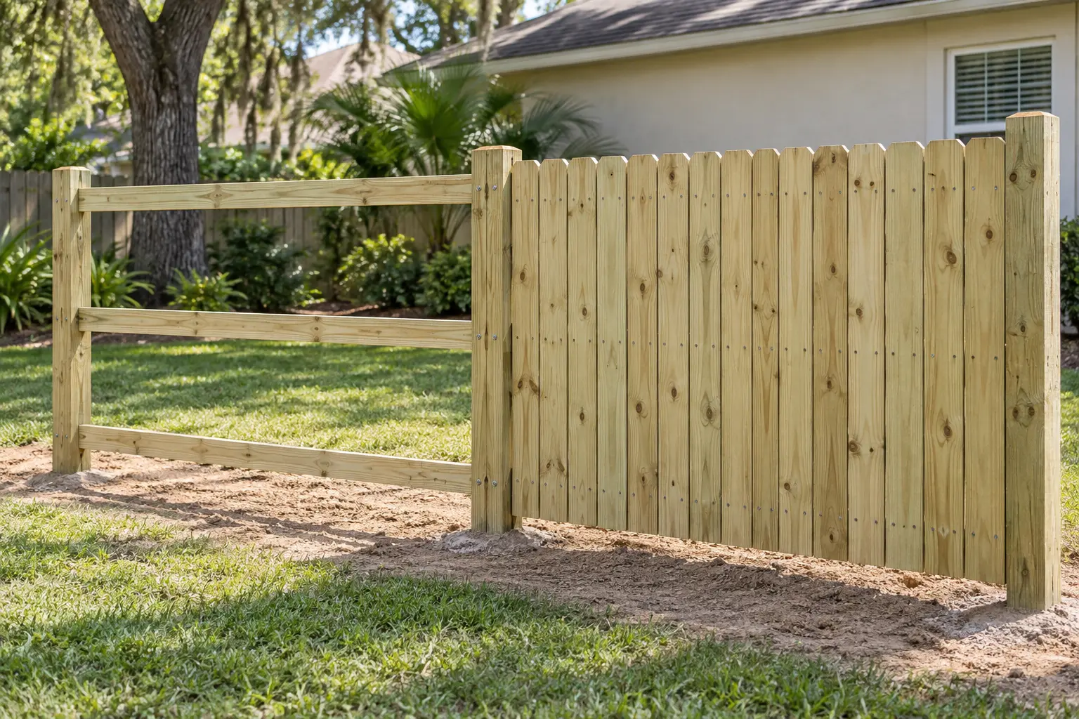Wood fence posts and horizontal rails aligned during installation